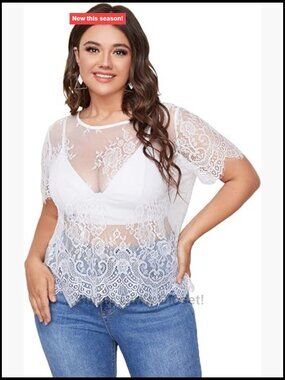 Plus Size Sheer Mesh Lace Top Scallop Trim Short Sleeve Blouse